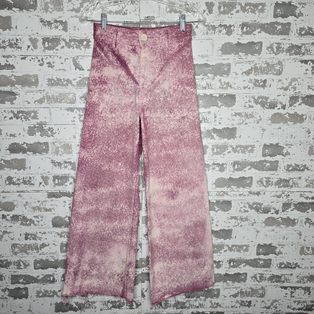 Zara Jeans Womens 2 The Marine Straight Wide‎ Flared Leg Pink Tie Dye Raw Hem
